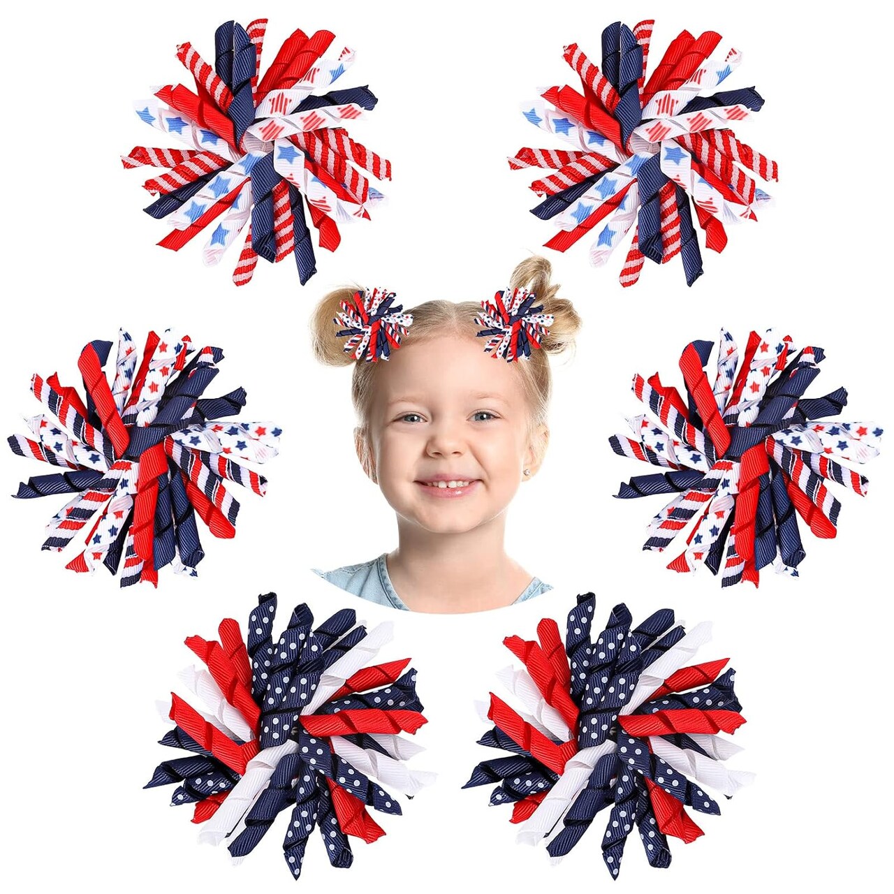 6 Pack Patriotic Spiral Hair Bow Clips – 4th of July Red, White & Blue Star and Stripe Grosgrain Ribbon Alligator Clips for Girls, Toddlers, Independence & Memorial Day Accessories